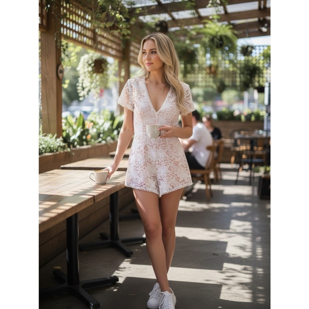 Love Tree Floral Lace V-Neck Romper Women L Cream Coquette Fairycore Summer Boho
